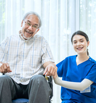 smiling woman with an elderly man